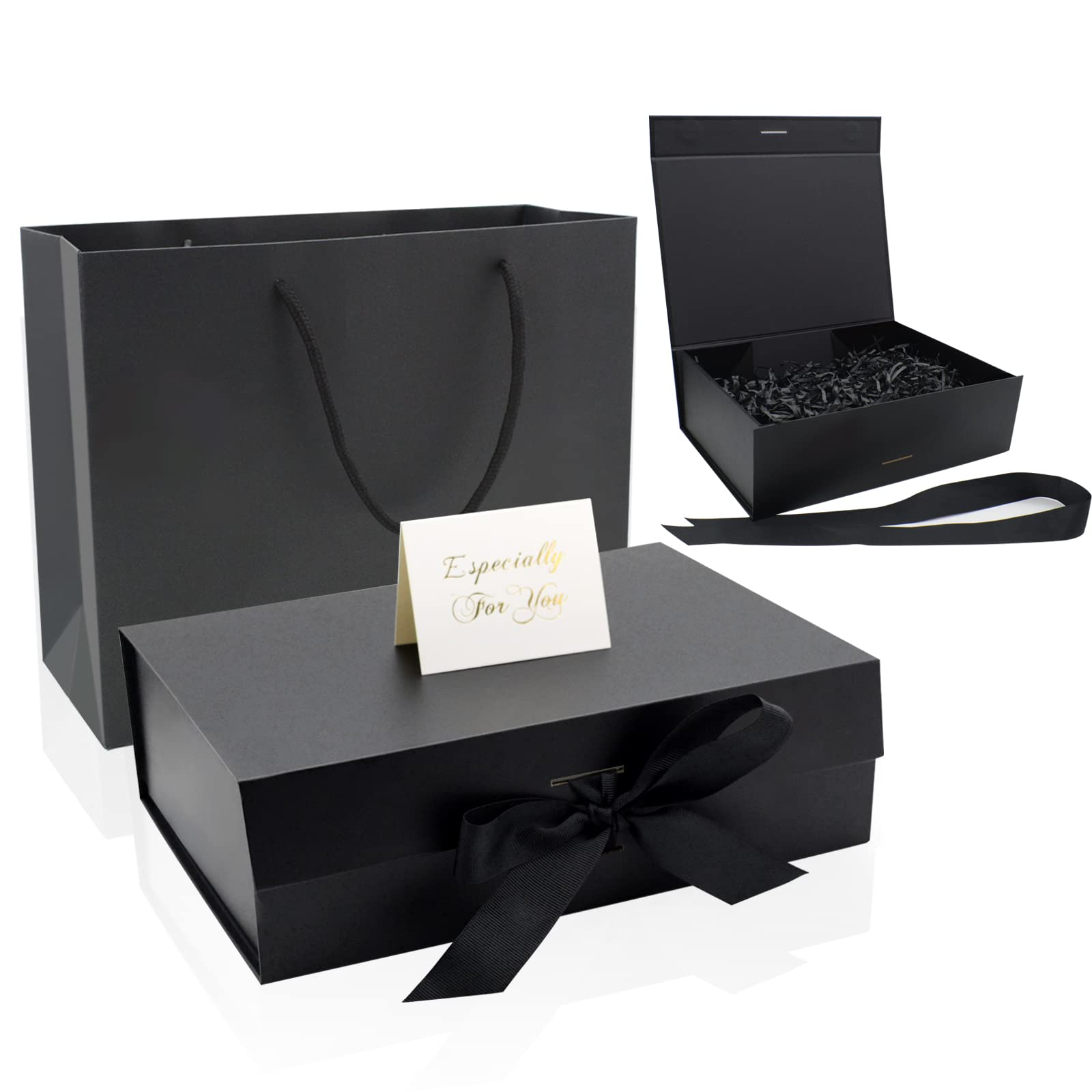 CIOUYAOS Black Gift Box with Lids, Large Ribbon Luxury Magnetic Packaging Box with Paper Bags, 2 Greeting Card and Shredded Paper Filler for Christmas Wedding Men Women Birthday Presents