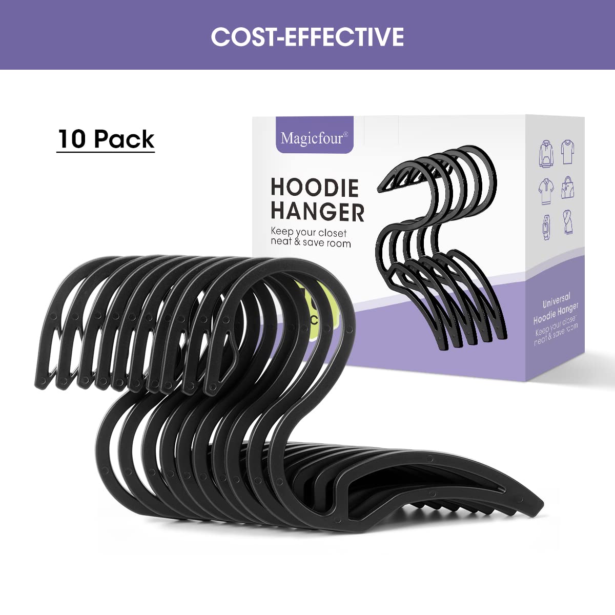 Magicfour Hoodie Hangers, 10 Pack Hoodie Organizer S Shaped Plastic Hooks Rack Designed for Hoodie Coat, Closet Hanger for Hanging Hoodie, Sweatshirt, Jeans, Jacket, Hat, Pans and Bags, Drying Rack