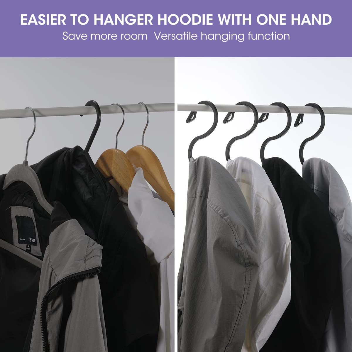 Magicfour Hoodie Hangers, 10 Pack Hoodie Organizer S Shaped Plastic Hooks Rack Designed for Hoodie Coat, Closet Hanger for Hanging Hoodie, Sweatshirt, Jeans, Jacket, Hat, Pans and Bags, Drying Rack