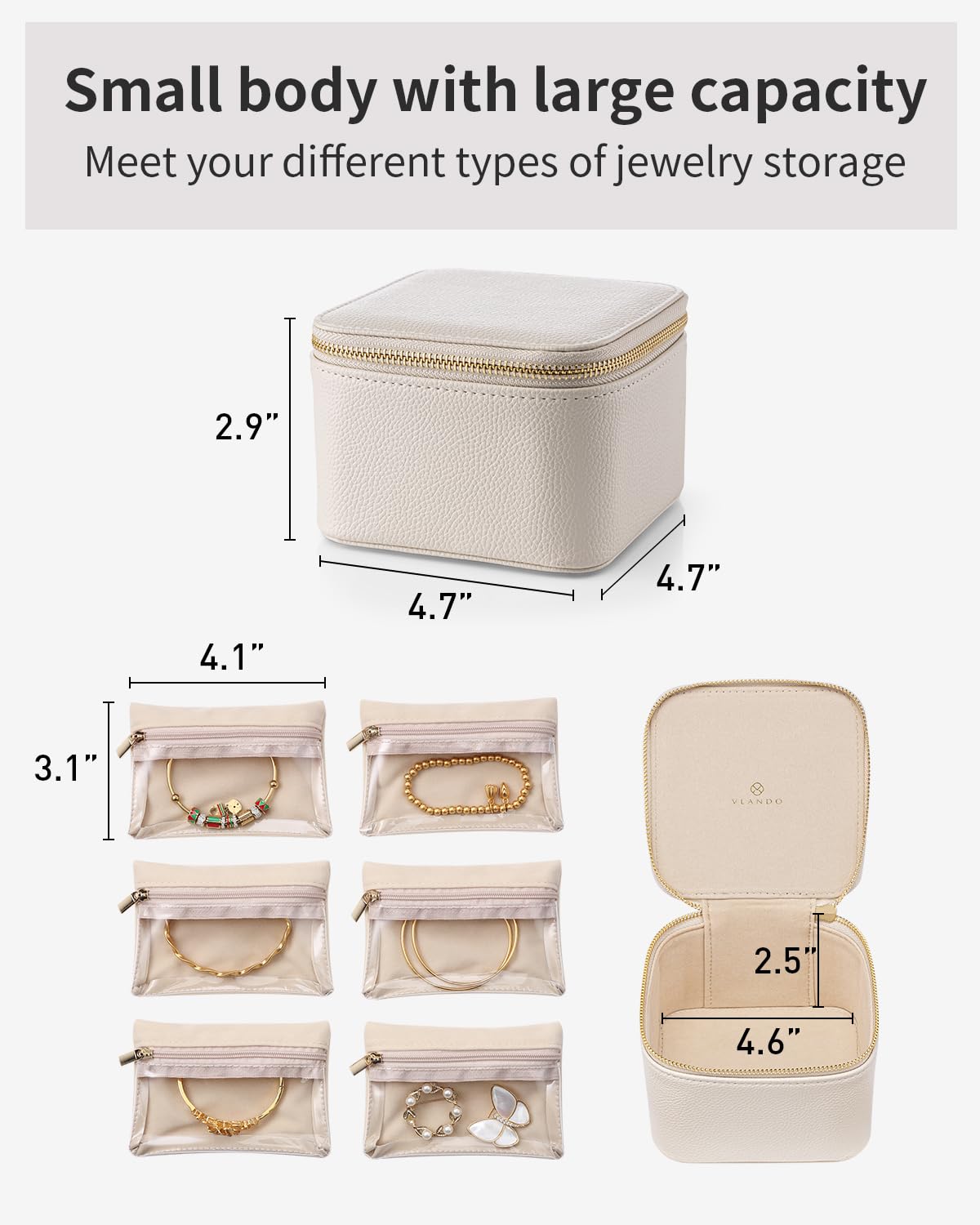 Vlando Small Jewelry Box Organizer,Travel Jewelry Storage with 6 Velvet Jewelry Zipper Pockets,Travel Jewelry Case Christmas Gifts Birthday Gifts for Women Girls (White)