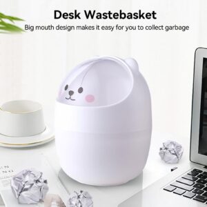 Cute Mini Desktop Trash Can, Cartoon Cat Animal Shape Waste Paper Bin with Swing Lid Mini Countertop Trash Can Small Garbage Can(White)