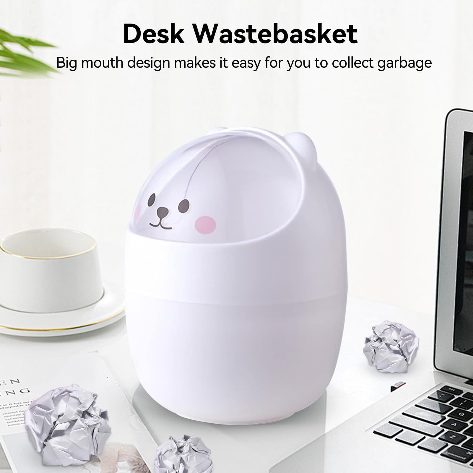 Cute Mini Desktop Trash Can, Cartoon Cat Animal Shape Waste Paper Bin with Swing Lid Mini Countertop Trash Can Small Garbage Can(White)