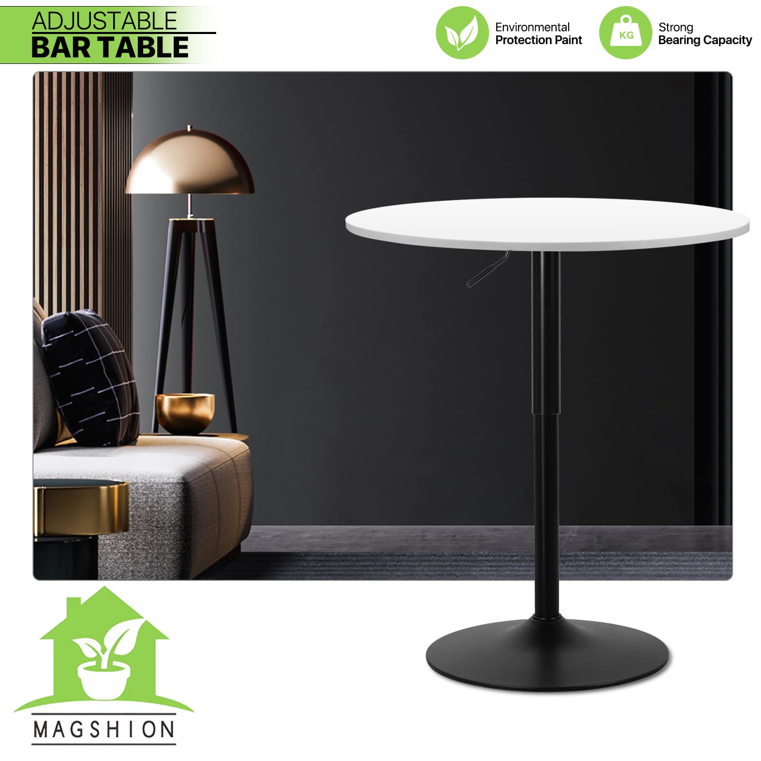 Magshion 31.5" Round Bar Table 27.5"- 36" Height Adjustable Pub Table with Enlarge Base for Living Room Patio Bistro, White