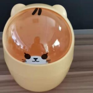 Cute Mini Desktop Trash Can, Cartoon Cat Animal Shape Waste Paper Bin with Swing Lid Mini Countertop Trash Can Small Garbage Can(Yellow)