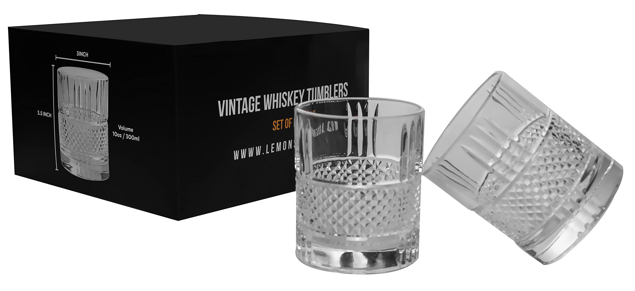 LEMONSODA Premium Double Rocks Vintage Whiskey Tumblers - Uniquely Designed Vintage Style Glass - Gifts for Whiskey Lovers/Men/Dads/Husbands (Set of 4)