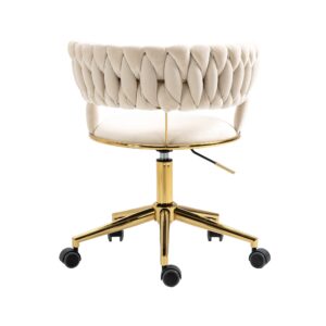 Goujxcy Velvet Swivel Chair, Velvet Desk Chair with Gold Base, Cute Makeup Vanity Chair for Women Girls, Woven Back Adjustable Armchair Task Computer Chair for Home Office Bedroom Living Room, Beige