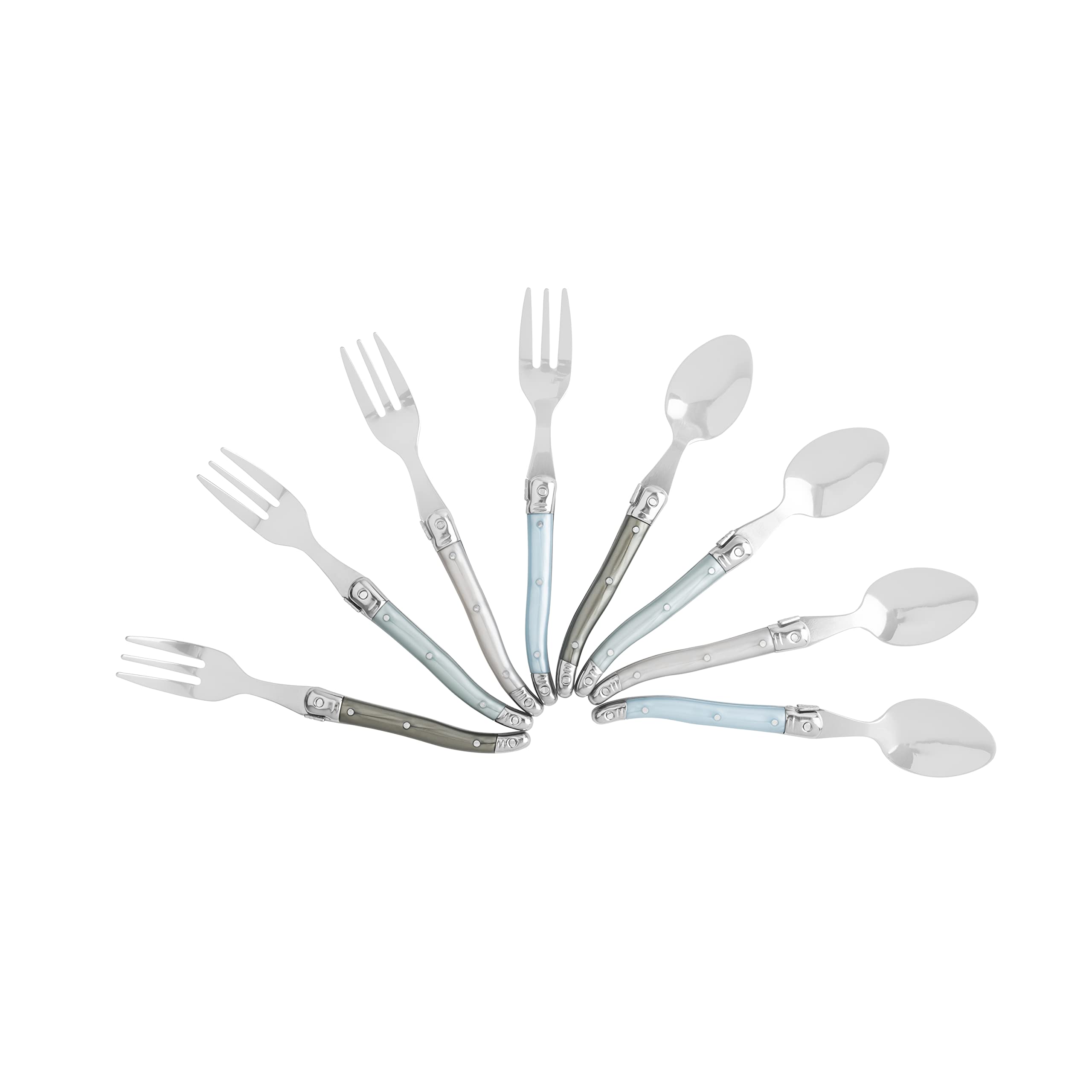 Laguiole 8 Piece Dessert & Cocktail Set – Dessert Utensils Set w/Mother of the Pearl Handles – 4 Dessert Forks (6.75") & 4 Small Dessert Spoons (6")