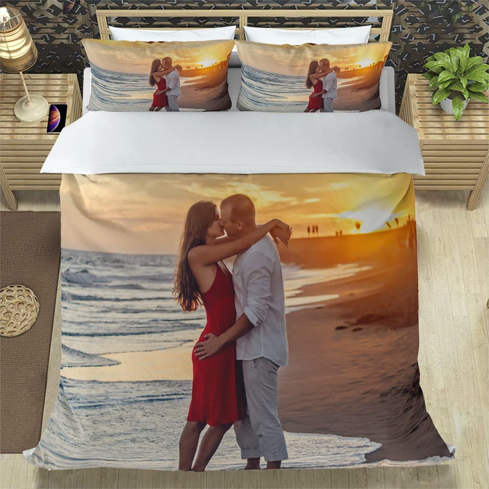 Personalized Custom Bedding Set with Picture, Text, Logo, 1 Duvet Cover 2 Pillowcases Trio, Customized Different Sizes, Suitable for Kids, Birthday, Christmas, Valentine's Day, Special Festival Gift