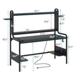 TIYASE Gaming Desk with Monitor Stand & Power Outlet, 55 Inch Gaming Computer Desk with Hutch and Storage Shelves, Large PC Gamer Desk Workstation Gaming Table with Cup Holder, Headphone Hook,Black