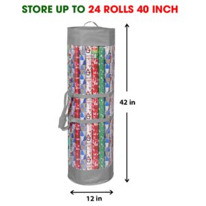 ProPik Wrapping Paper Organizer Storage Bag for All Your Gift Wrap & Ribbons, Fits Long 40 Inch Rolls, Hold Up To 24 Rolls, Heavy Duty Clear PVC Bag with Handles (Gray & clear)