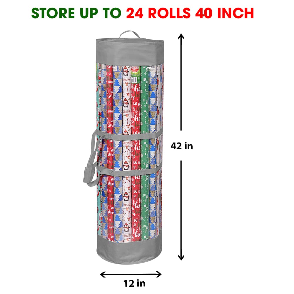 ProPik Wrapping Paper Organizer Storage Bag for All Your Gift Wrap & Ribbons, Fits Long 40 Inch Rolls, Hold Up To 24 Rolls, Heavy Duty Clear PVC Bag with Handles (Gray & clear)