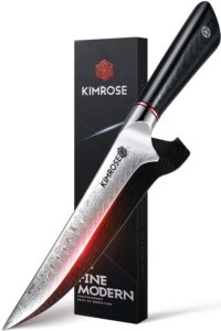 kimrose damascus boning knife - 6 inch - 67 layers 10cr15comov alloy steel - black g10 handle, razor sharp kitchen fillet knife, meat cutting, trimming, magnetic sheath, gift box