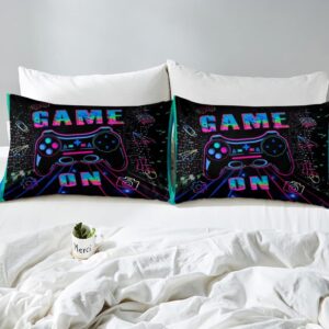 Gaming Bedding Set Full Size for Kids Boys Gamer Room Decor Gaming Comforter Cover Set Teens Bedroom Microfiber Soft Video Game Controller Gamepad Blue Green Bed Duvet Cover Set with 2 Pillowcase