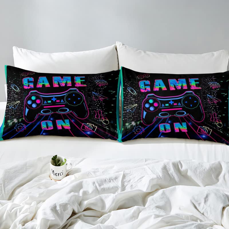 Gaming Bedding Set Full Size for Kids Boys Gamer Room Decor Gaming Comforter Cover Set Teens Bedroom Microfiber Soft Video Game Controller Gamepad Blue Green Bed Duvet Cover Set with 2 Pillowcase