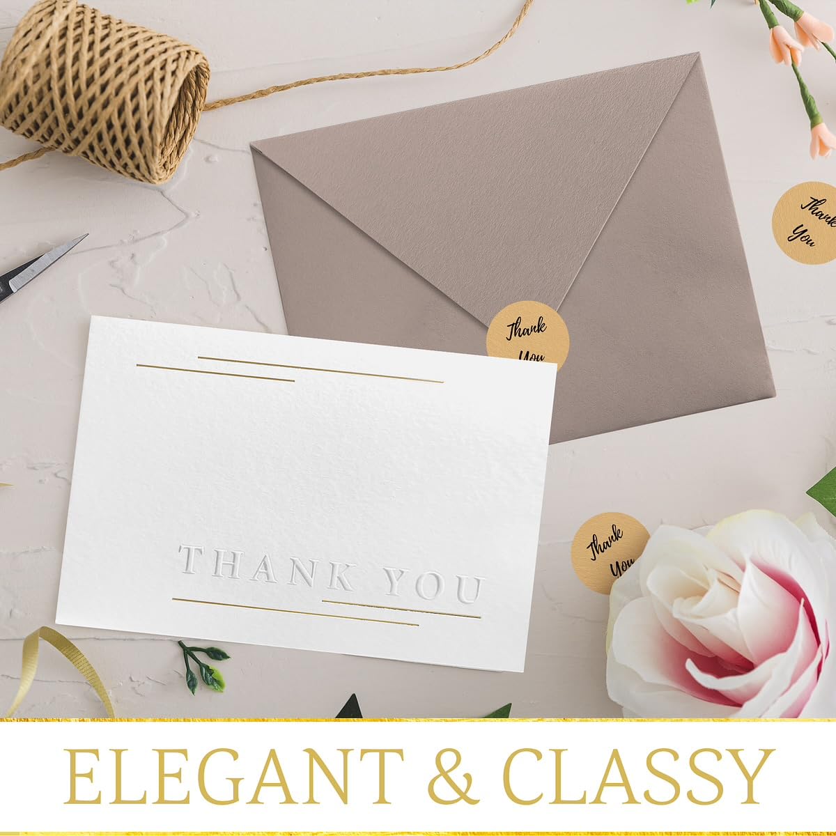 Thank You Cards with embossed letters and gold thread, 50 Pack Thank You Cards, 4 X 6 inch Thank You Cards With Envelopes and Stickers, Blank Cards with elegant design, for weddings, baby shower