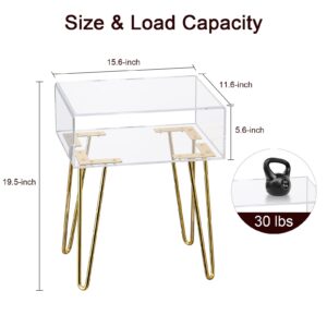 HMYHUM Small Acrylic Nightstand with Metal Legs, 15.6'' L x 11.6'' W x 19.5'' H, Bedside Table for Small Spaces for Bedroom, Easy Assembly, Modern, Clear & Gold