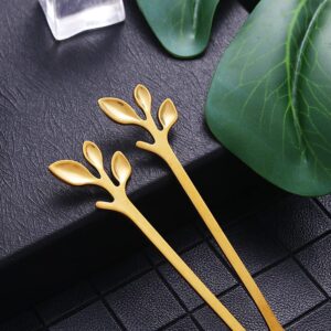 10 Pieces Stainless Steel Leaf Teaspoons Coffee Teaspoon 7.4 Inch Set Stainless Steel Long Handle Spoon Stir Bar Spoon Stirring Spoon Ice Cream Spoon Gold