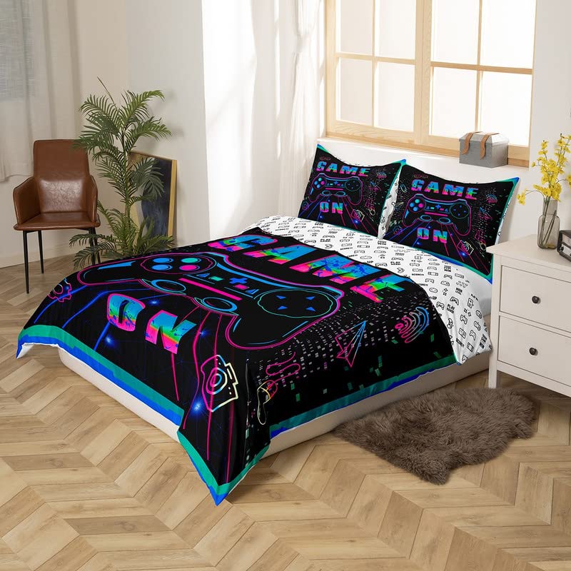 Gaming Bedding Set Full Size for Kids Boys Gamer Room Decor Gaming Comforter Cover Set Teens Bedroom Microfiber Soft Video Game Controller Gamepad Blue Green Bed Duvet Cover Set with 2 Pillowcase