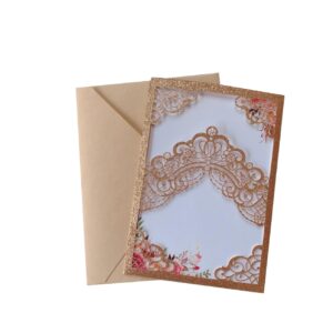 20sets 5.1x7.3 Inch Blank Rose Gold Laser Cut Floral Crown Pocket Quinceanera Invitation Cards with Envelopes for Birthday Bridal Shower Quince Invite Party Dinner (Champagne)