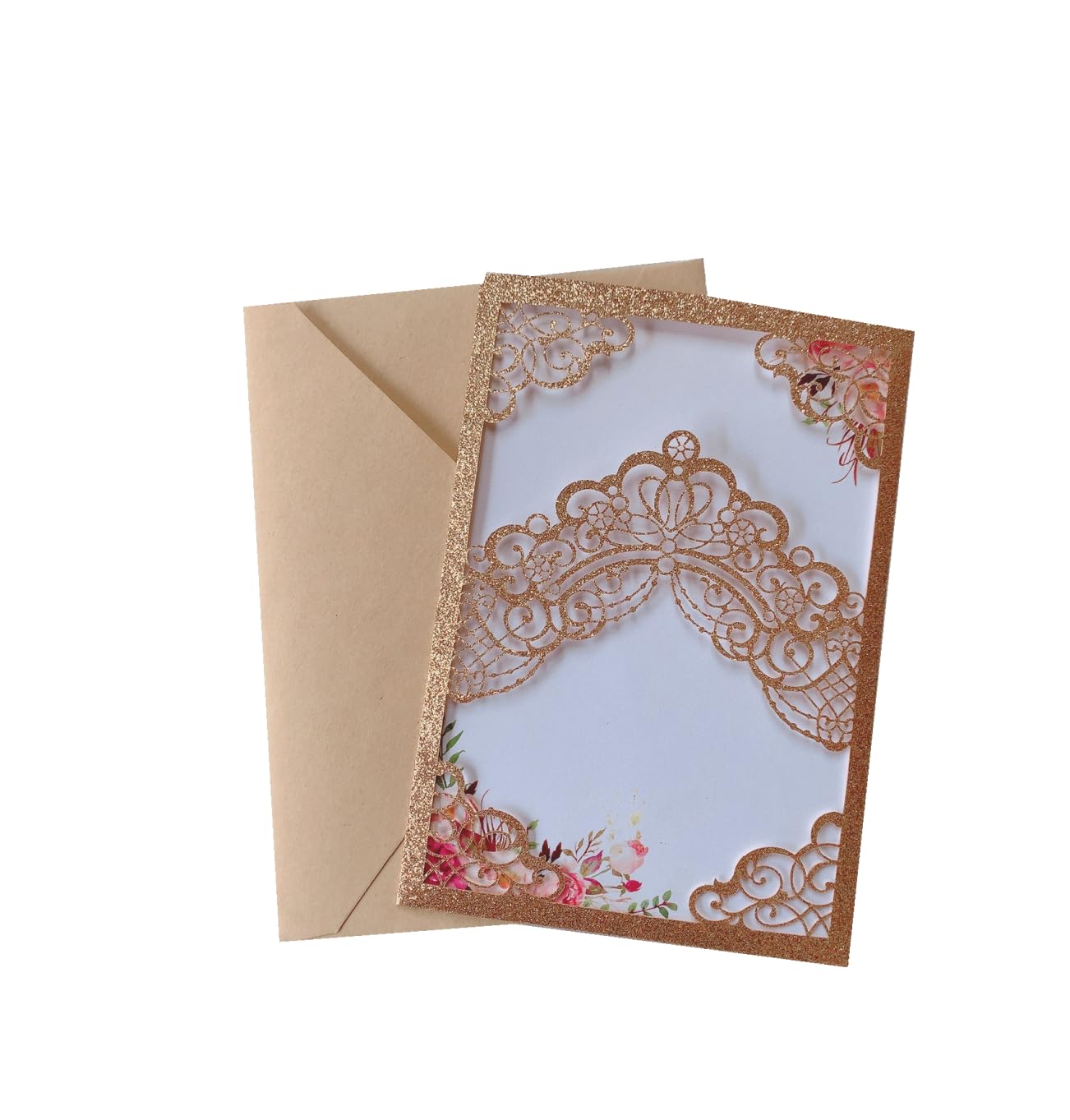 20sets 5.1x7.3 Inch Blank Rose Gold Laser Cut Floral Crown Pocket Quinceanera Invitation Cards with Envelopes for Birthday Bridal Shower Quince Invite Party Dinner (Champagne)