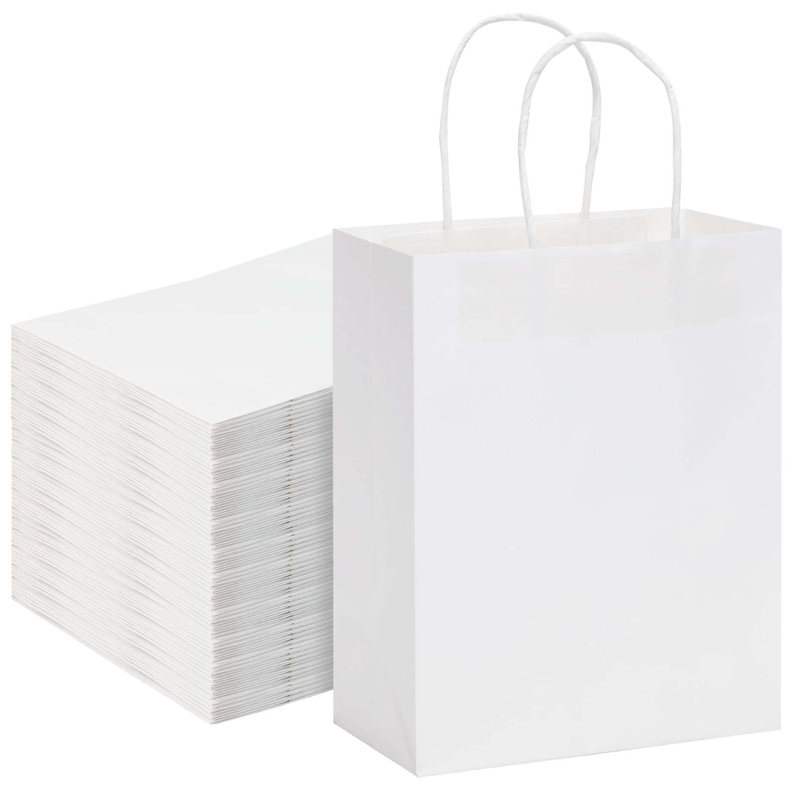 Moretoes White Paper Bags with Handles 110pcs, 8x4x10 Inch Bags, Medium Sizes Gift Bags for Small Business Shopping Retail Birthday Wedding Sacks, Party Favor Bags