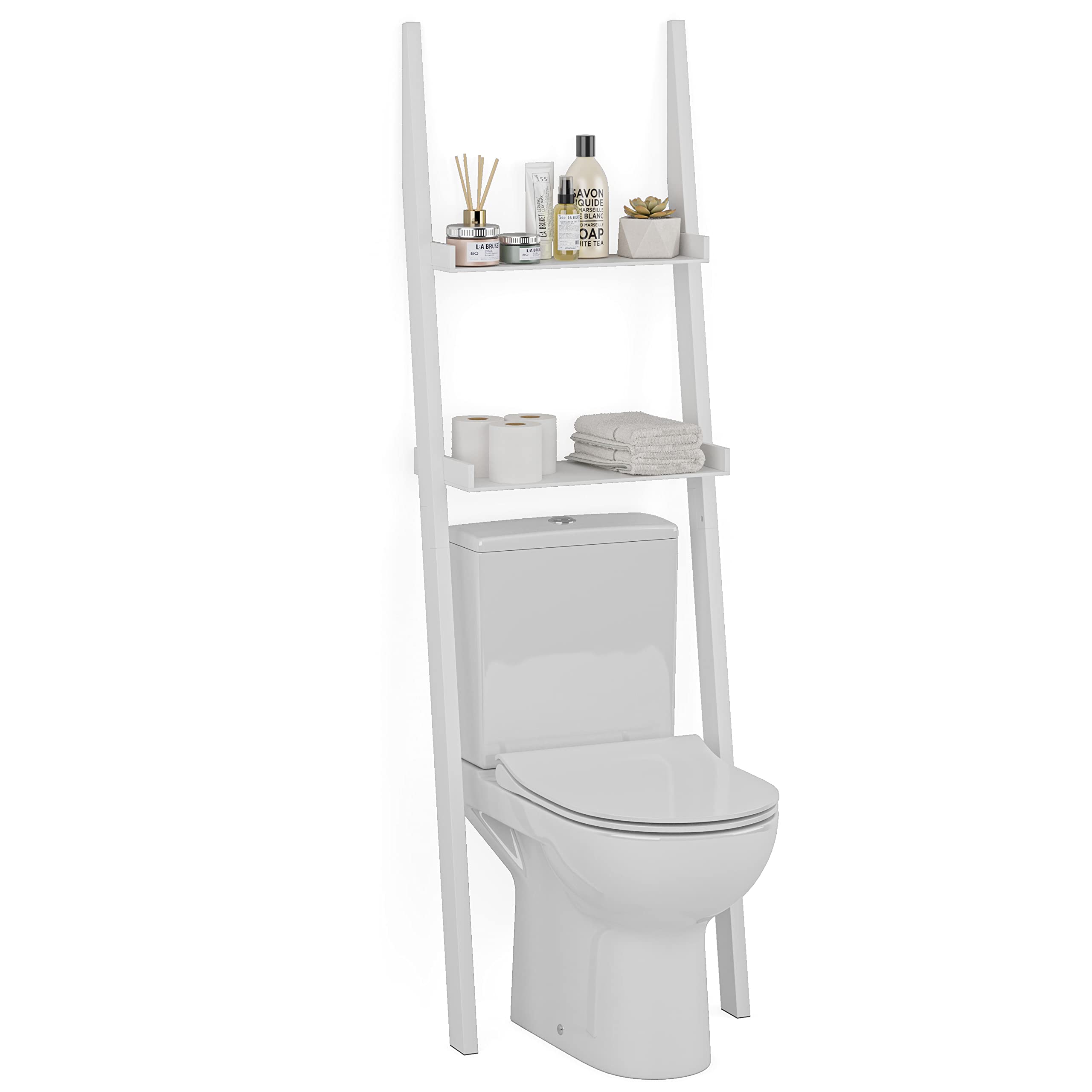 Ballucci Over The Toilet Storage Shelf, 2-Tier Over Toilet Bathroom Organizer, Bath Towel Rack and Behind Toilet Organizer Leaning Shelf, Modern Bathroom Decor Ladder Shelves, White