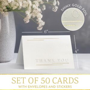 Thank You Cards with embossed letters and gold thread, 50 Pack Thank You Cards, 4 X 6 inch Thank You Cards With Envelopes and Stickers, Blank Cards with elegant design, for weddings, baby shower