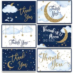 AnyDesign 36 Pack Stars Thank You Greeting Cards with Envelopes Matching Seal Stickers Blue Starry Delight Blank Note Cards Twinkle Moon Event Stationery for Baby Shower Birthday Supplies