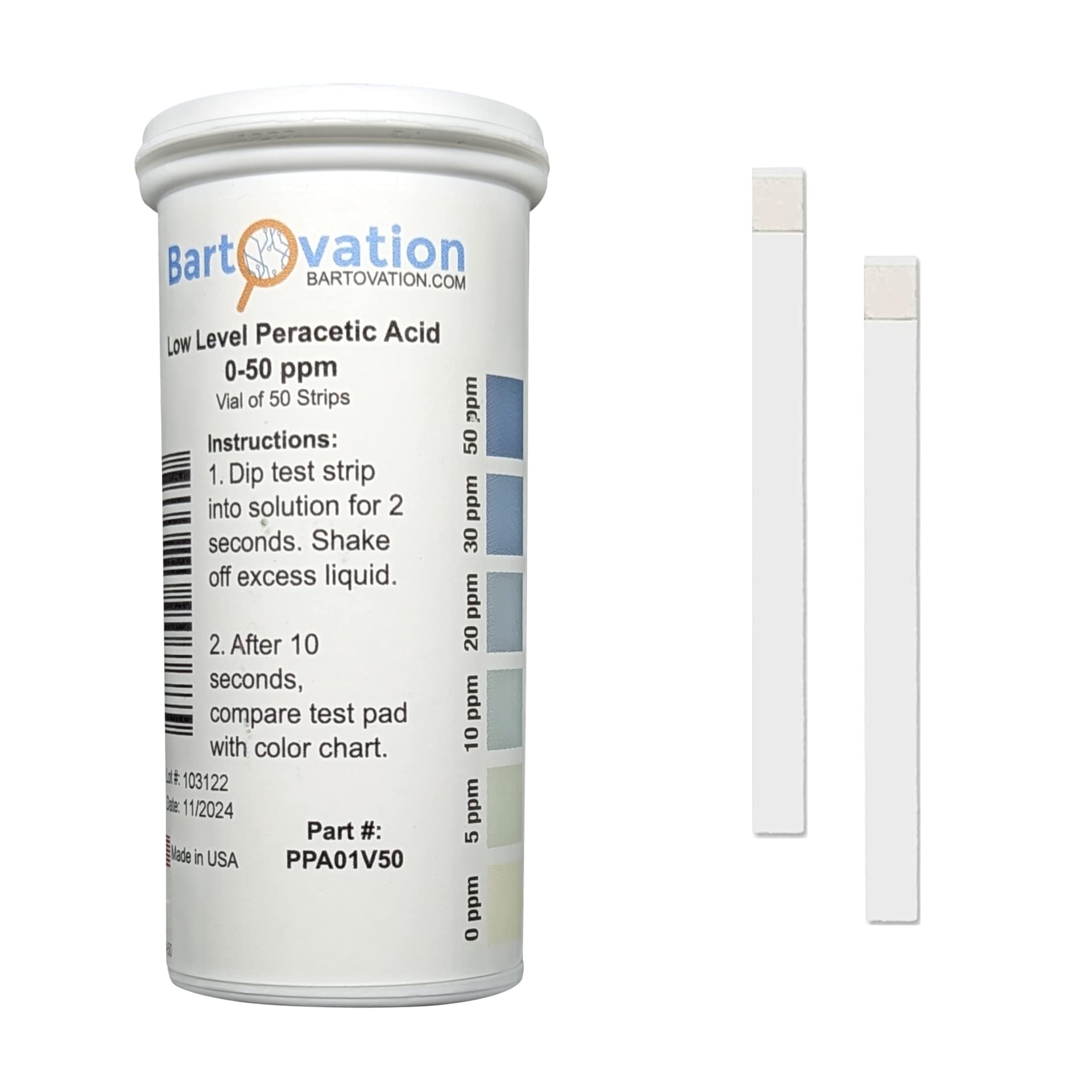 Peracetic Acid Test Strips, 0-50 ppm [Vial of 50 Strips]