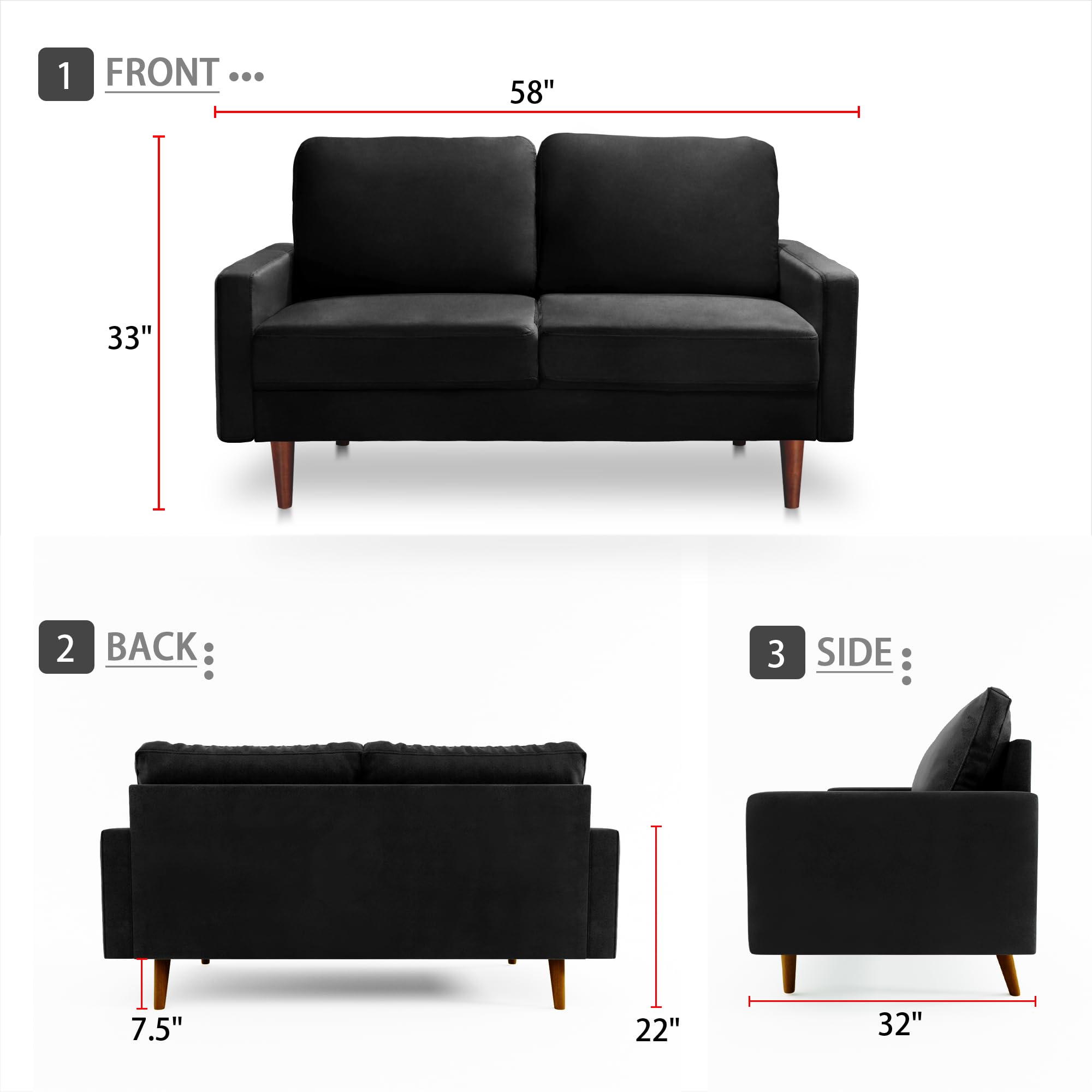 SILKIR 2-Person Loveseat Sofa Couch for Living Room | Perfect for: Apartment/Studio/Office & Small Space | Velvet Fabric | Fast and Easy Assembly | Warranty (Black) Modern Contemporary Mid-Century