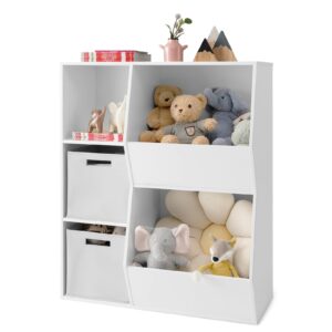 glacer 5-cube kids toy storage organizer, freestanding wooden bookcase bookshelf w/ 2 removable & foldable bins, open multi-bin storage display cabinet for kids room, play room, nursery, white