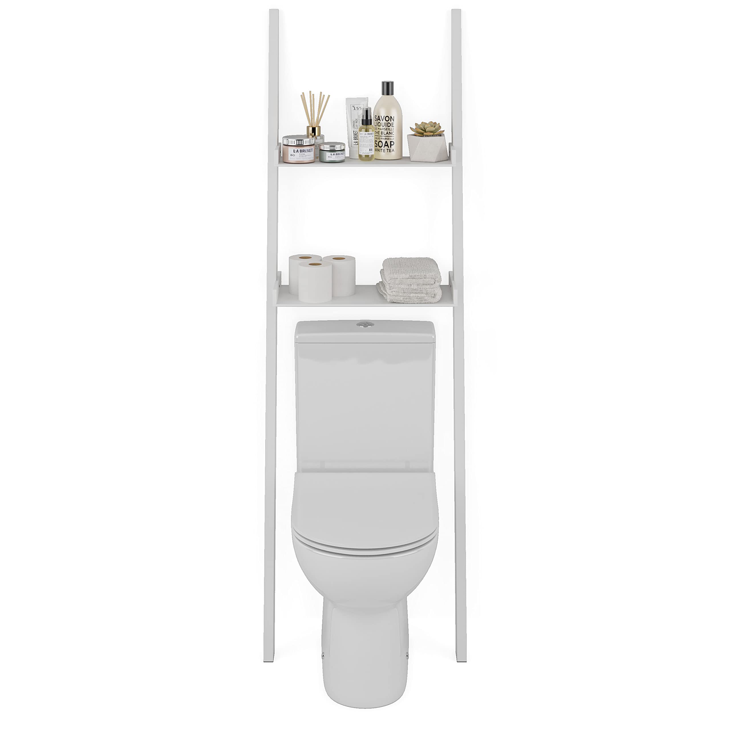 Ballucci Over The Toilet Storage Shelf, 2-Tier Over Toilet Bathroom Organizer, Bath Towel Rack and Behind Toilet Organizer Leaning Shelf, Modern Bathroom Decor Ladder Shelves, White