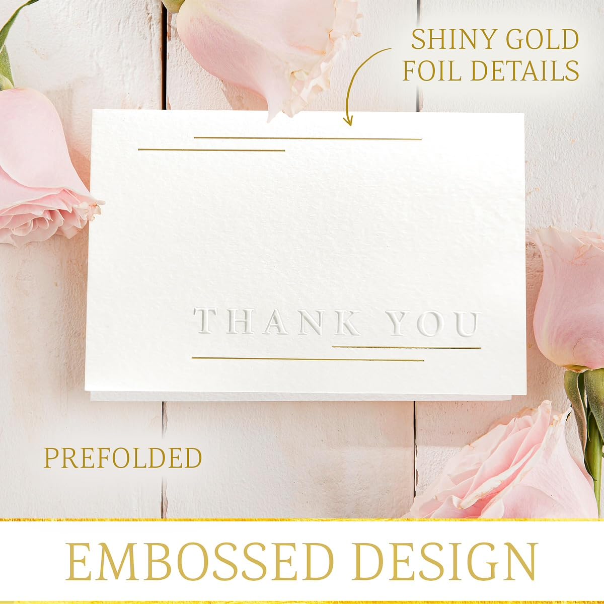 Thank You Cards with embossed letters and gold thread, 50 Pack Thank You Cards, 4 X 6 inch Thank You Cards With Envelopes and Stickers, Blank Cards with elegant design, for weddings, baby shower