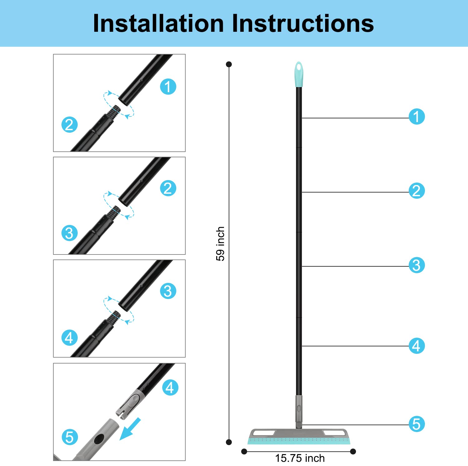 Multifunction Magic Broom, Silicone Floor Squeegee Broom with 59" Long Handle, Air Broom for Floor Bathroom Kitchen Shower Tile Pet Hair Fur Marble Glass Water Window Foam Cleaning, Blue