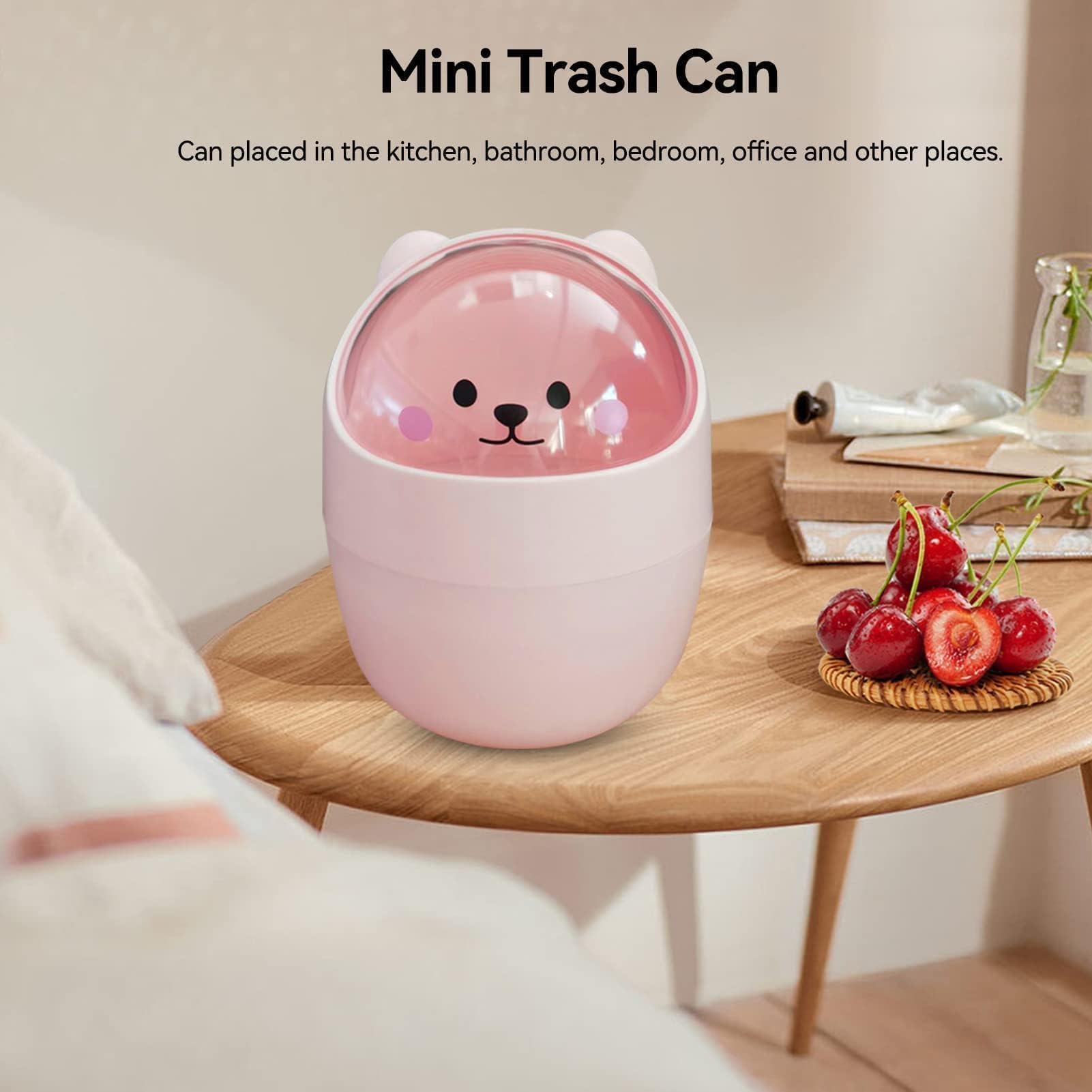 Cute Mini Desktop Trash Can, Cartoon Cat Animal Shape Waste Paper Bin with Swing Lid Mini Countertop Trash Can Small Garbage Can(Pink)