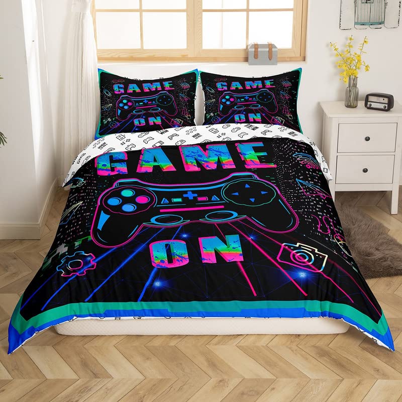 Gaming Bedding Set Full Size for Kids Boys Gamer Room Decor Gaming Comforter Cover Set Teens Bedroom Microfiber Soft Video Game Controller Gamepad Blue Green Bed Duvet Cover Set with 2 Pillowcase