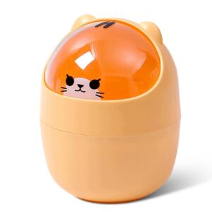 cute mini desktop trash can, cartoon cat animal shape waste paper bin with swing lid mini countertop trash can small garbage can(yellow)