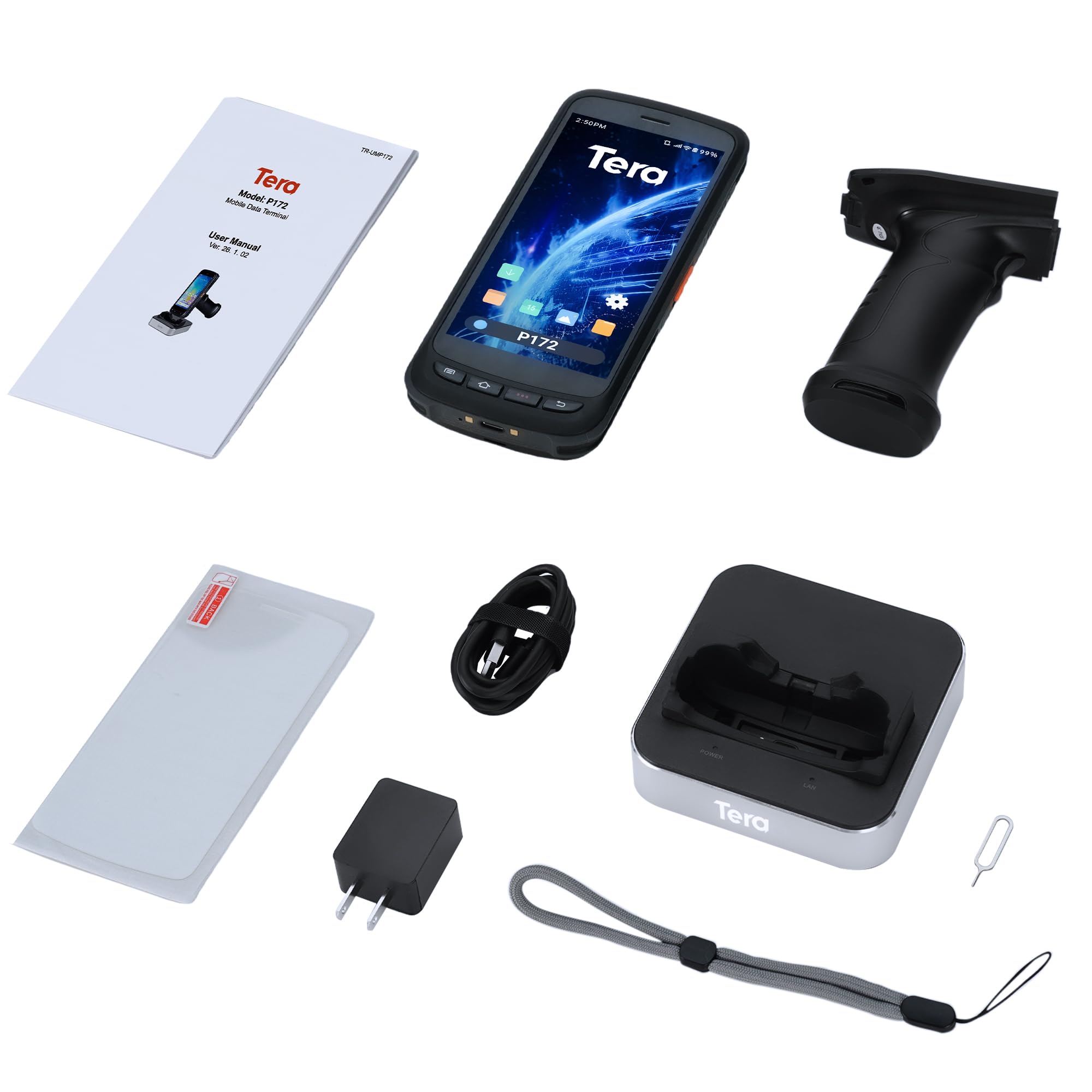 Tera Android 11 Barcode Scanner PDA: with Charging Cradle Pistol Grip 8000mAh Extra Large Battery Handheld Mobile Computer 5.2” Full Touch Screen Zebra 2D Scan IP65 Graded Inventory Scanner P172