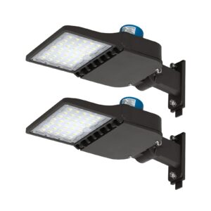 sokply 100w led parking lot light with photocell & adjusted arm mount 14000lum 5000k, 0-10v dimming outdoor led area shoebox lighting, ac100-277v / ip65 / dlc &ul-listed(2 pack)