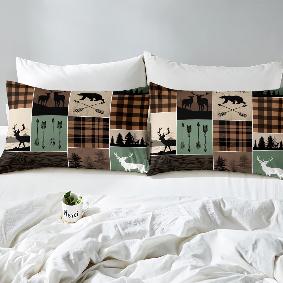 Farmhouse Retro Rustic Bedding Set Full Size, Country Bear Deer Comforter Cover Hunting Wild Animal Duvet Cover Plaid Arrows Adventure Patchwork Bedspread Cover With 2 Pillow Cases, Brown Green