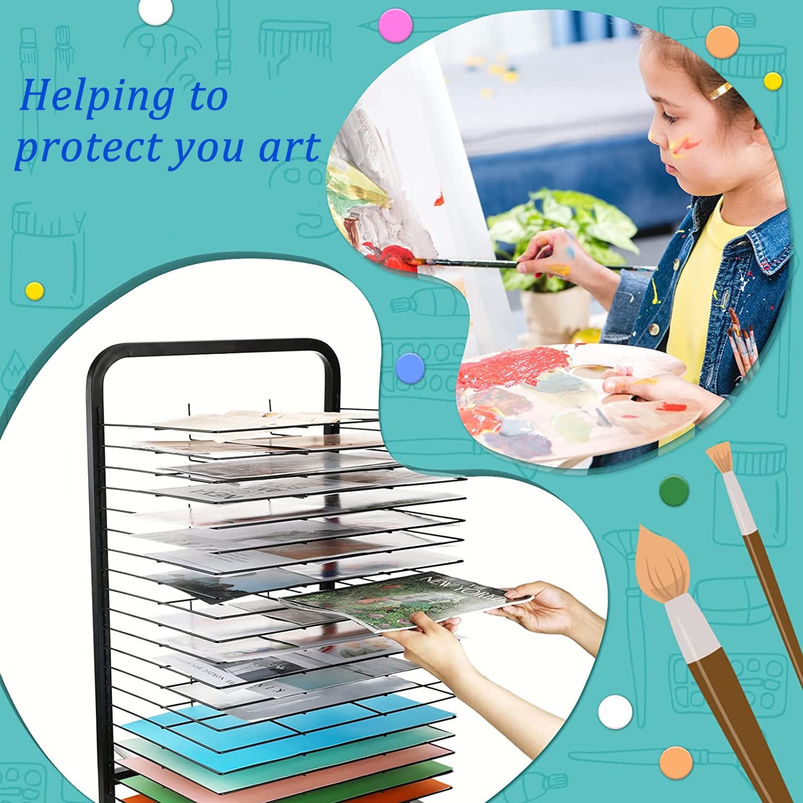 Metal Wire Drying Rack Classroom Art Studio Mobile Art Drying Rack with Flexible Shelves for Artist Painting Panels, 4K Paper & Prints, Artwork Organizer, Black Power Coated Finish (Size : 20 Layer)