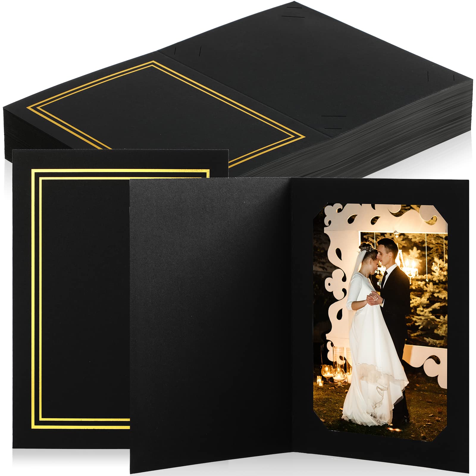 Fainne 100 Pcs Photo Folders for 4x6 or 5x7 Pictures Photo Frame Note Cards Paper Greetings Cardboard Picture Frame Photo Inserts Cards Picture Insert Notecard for Portraits Graduation Wedding (Black)