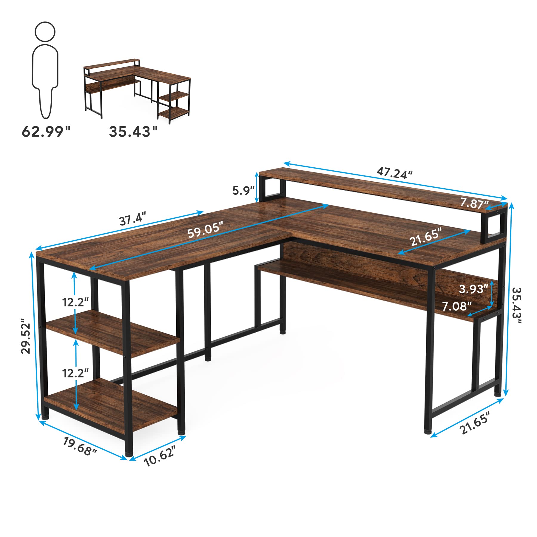 Tribesigns Reversible L Shaped Desk, L Shape Computer Table with Monitor Stand and Storage Shelves, Industrial Corner Desk with Printer Space, Work Desk for Home Office, Small Spaces