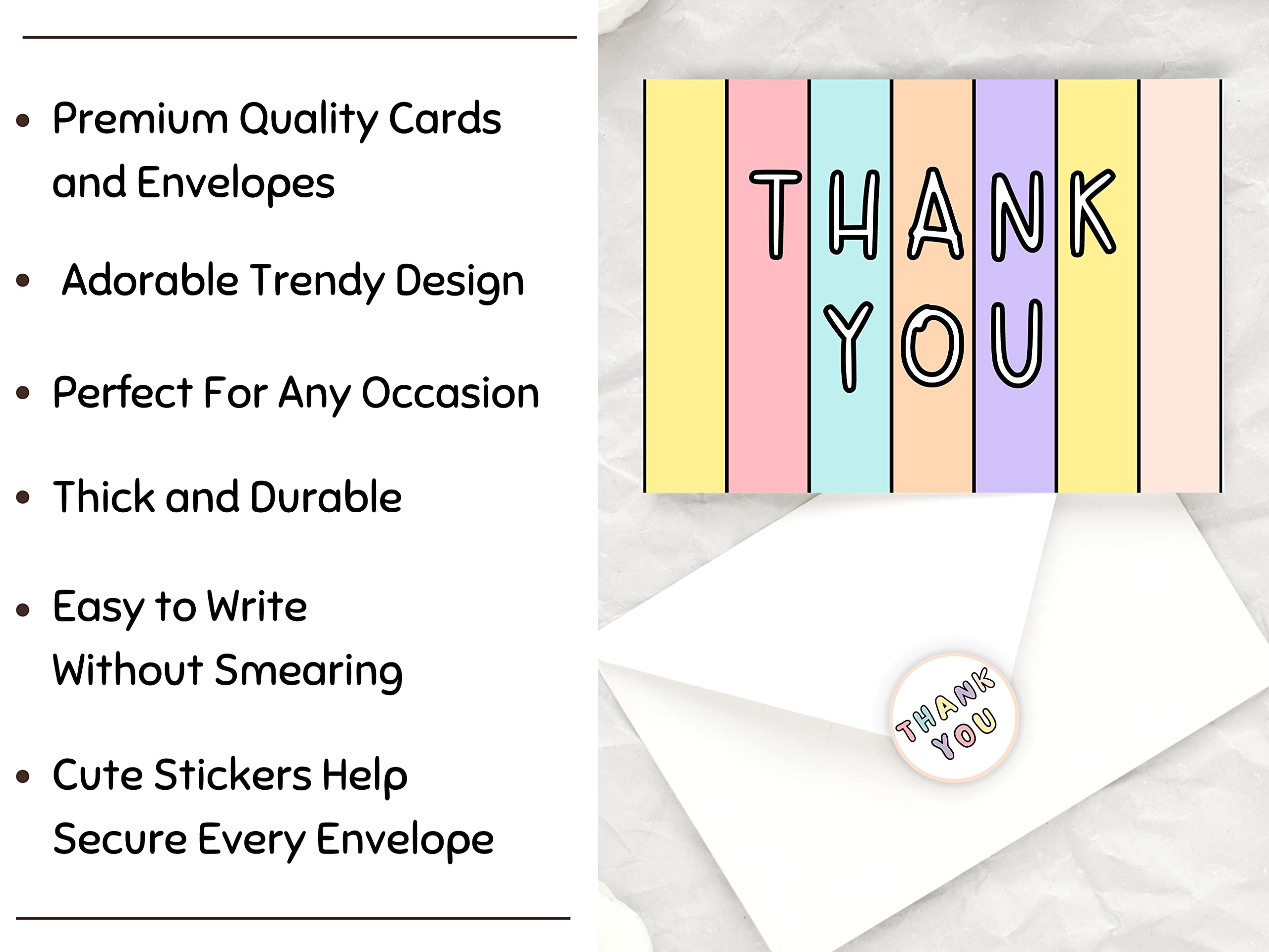 20 Pcs Cute Thank You Cards With Envelopes For Kids, Teens And Adults Colorful Tank You Notes Cards Blank Inside For All Occasions, Girls Birthday, Baby Shower, Party, Small Business, Sweet 16, With Stickers and Envelopes, 4.25x5.5