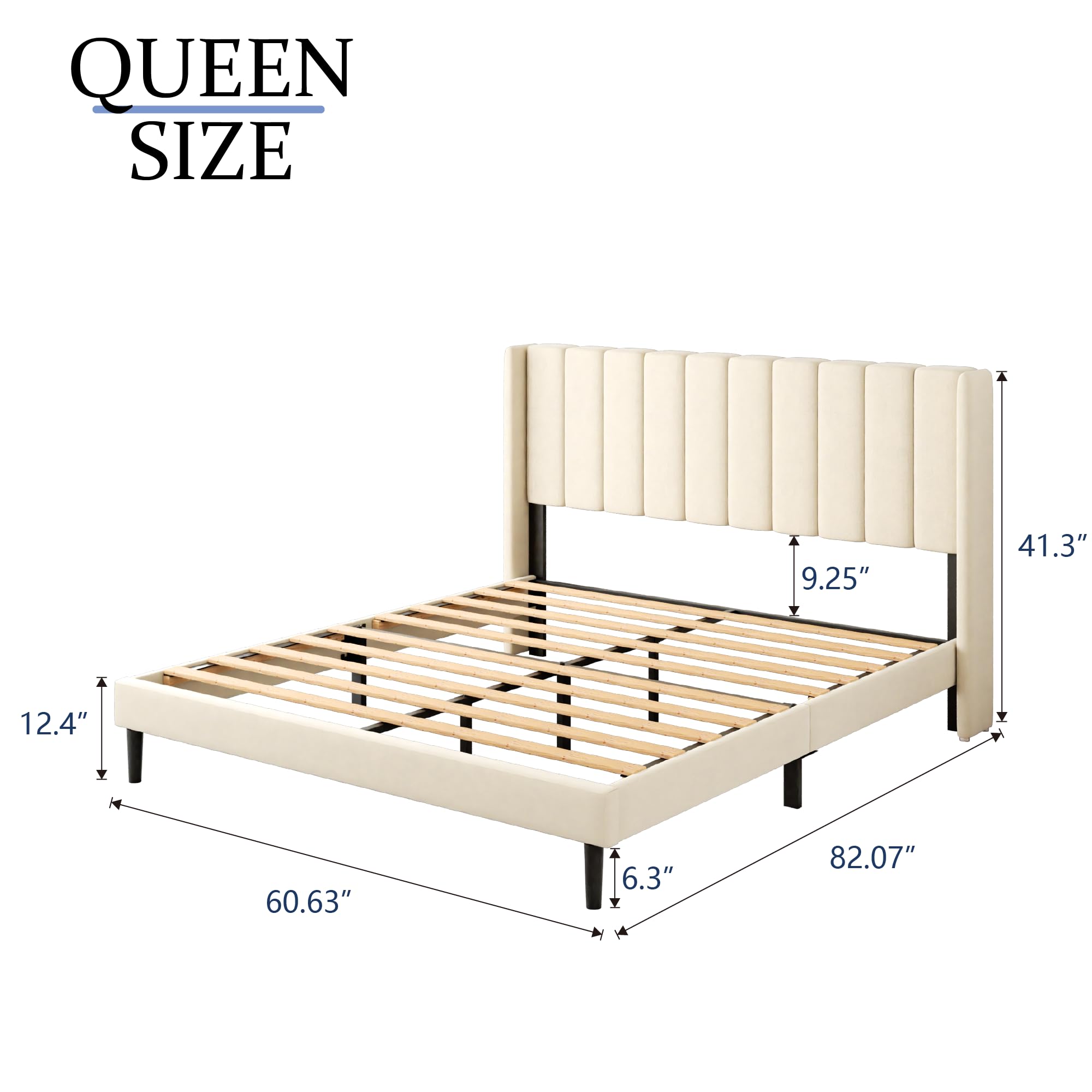 Gruwans Queen Size Bed Frame with Upholstered Wingback Headboard, Easy Assemnly Platform Bed, Wooden Slat Support No Box Spring Needed, Cream