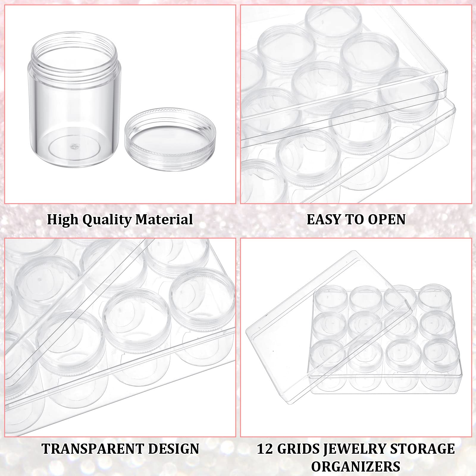 Xinnun 4 Pcs Bead Organizer Transparent Embroidery Bead Storage Containers with Lid Plastic Diamond Painting Storage for DIY Crafts Jewelry Earring Sewing Pills Nail Small Items, Clear(12 Grids)