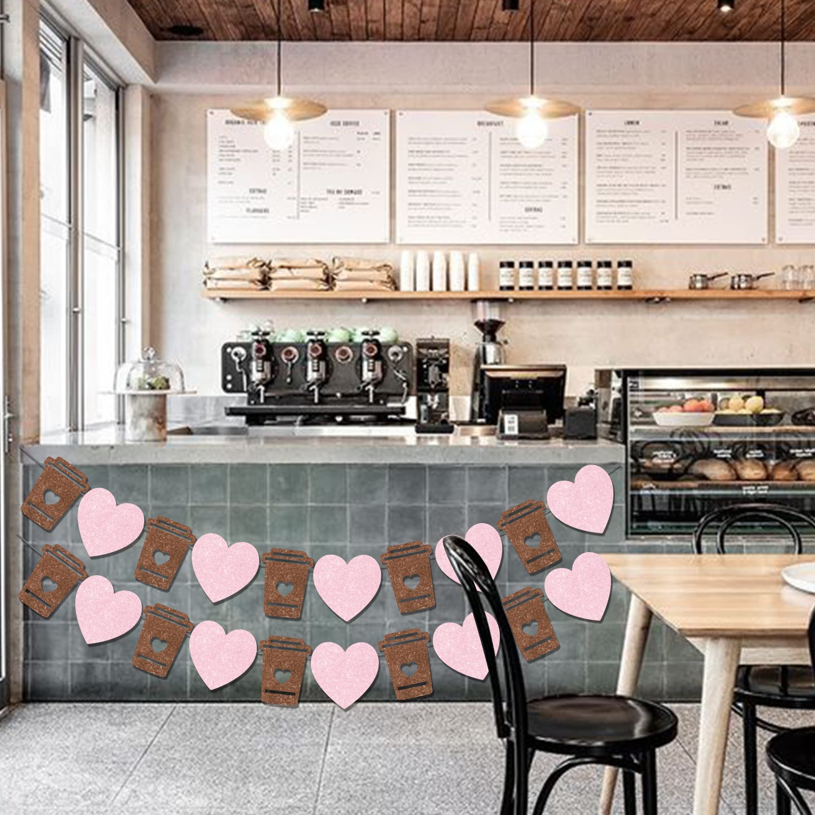 Coffee Bar Banner Pink, Glitter Coffee Cup and Heart Garland, Latte Banner for Birthday Bachelorette Engagement Wedding Baby Shower Party, Coffee Bar Wall Table Decorations