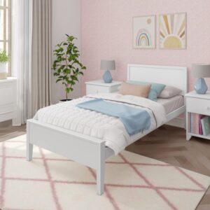 max & lily twin bed, solid wood twin bed frame with panel headboard, kids twin bed with wood slat support, no box spring needed, white