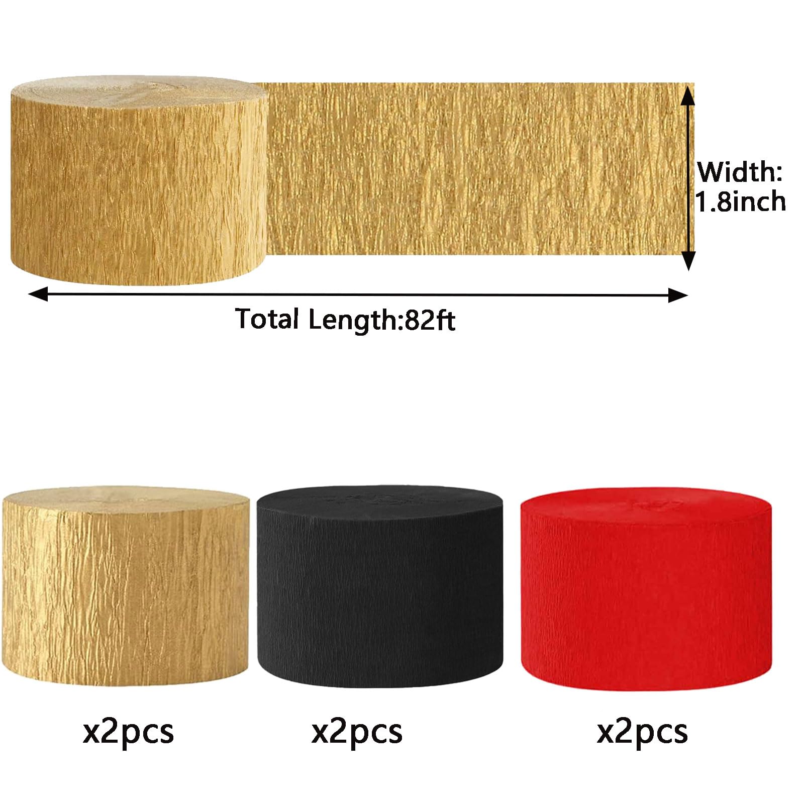 We Moment Black and Red Gold Crepe Paper Streamers Party Streamer 1.8 Inch Widening 6 Rolls,Red and Gold Black Party Decorations Streamer 82 feet per roll for Birthday Graduate Party Decorations