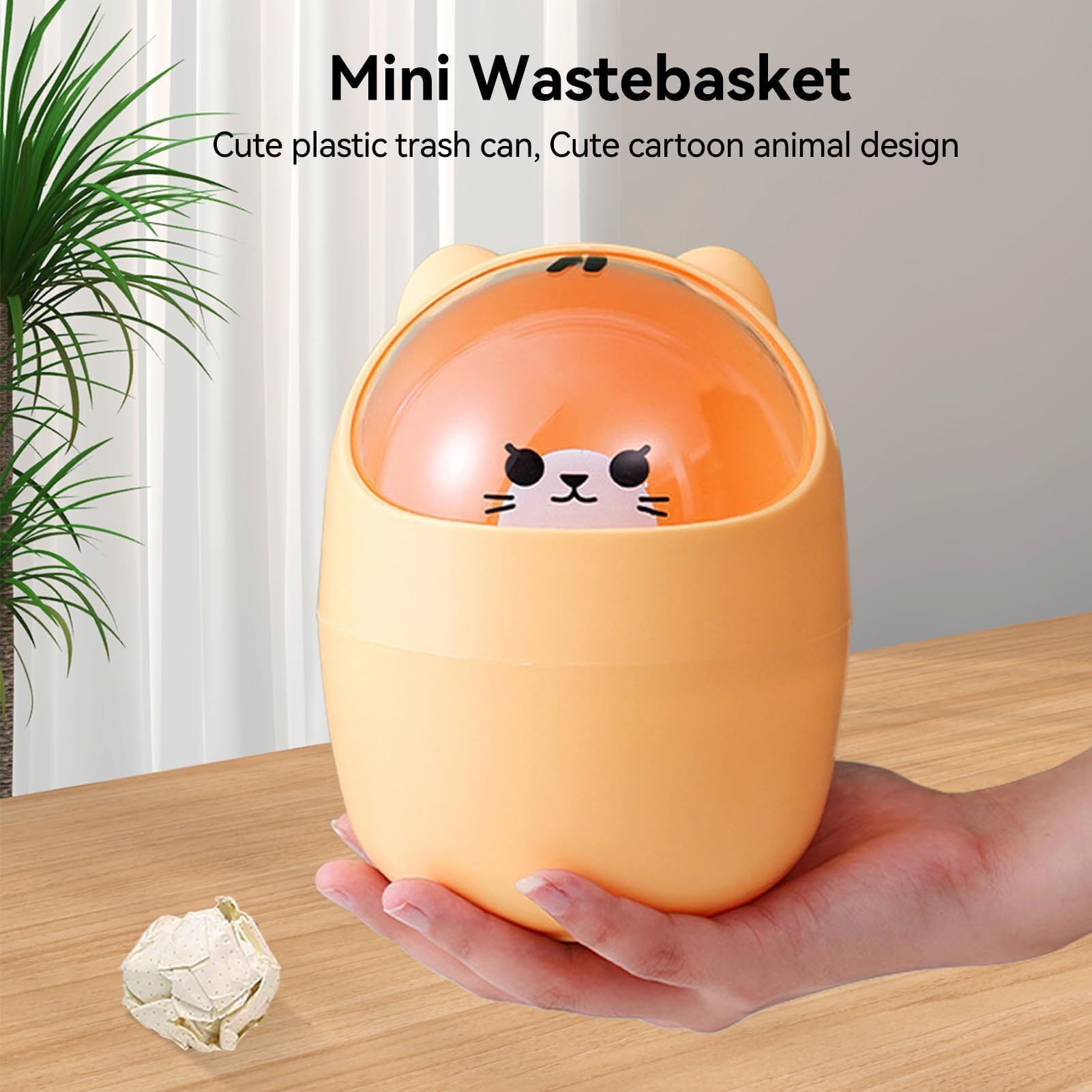 Cute Mini Desktop Trash Can, Cartoon Cat Animal Shape Waste Paper Bin with Swing Lid Mini Countertop Trash Can Small Garbage Can(Yellow)